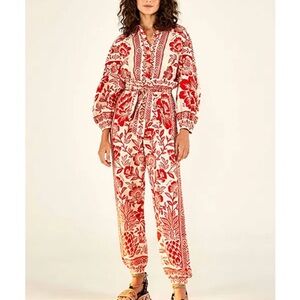 Farm Rio Pineapple Garden Red and Cream Floral Jumpsuit